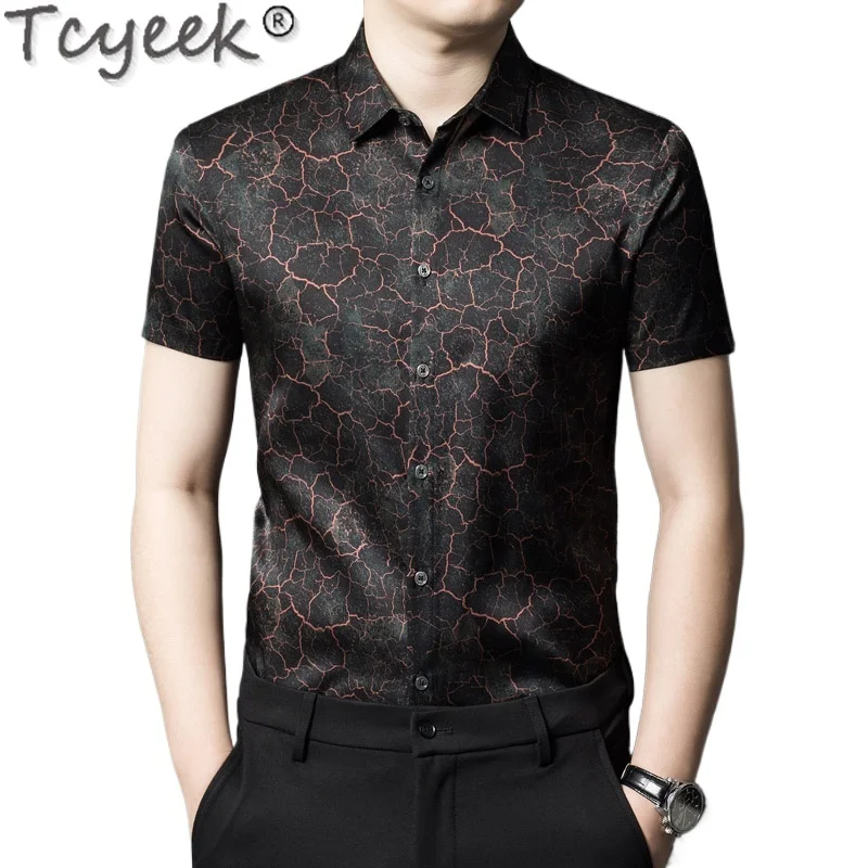 

Tcyeek High-end 90.8% Real Mulberry Silk Mens Shirts Summer Short Sleeve Top Fashion Shirts Men Clothes Print Chemise Homme 2024