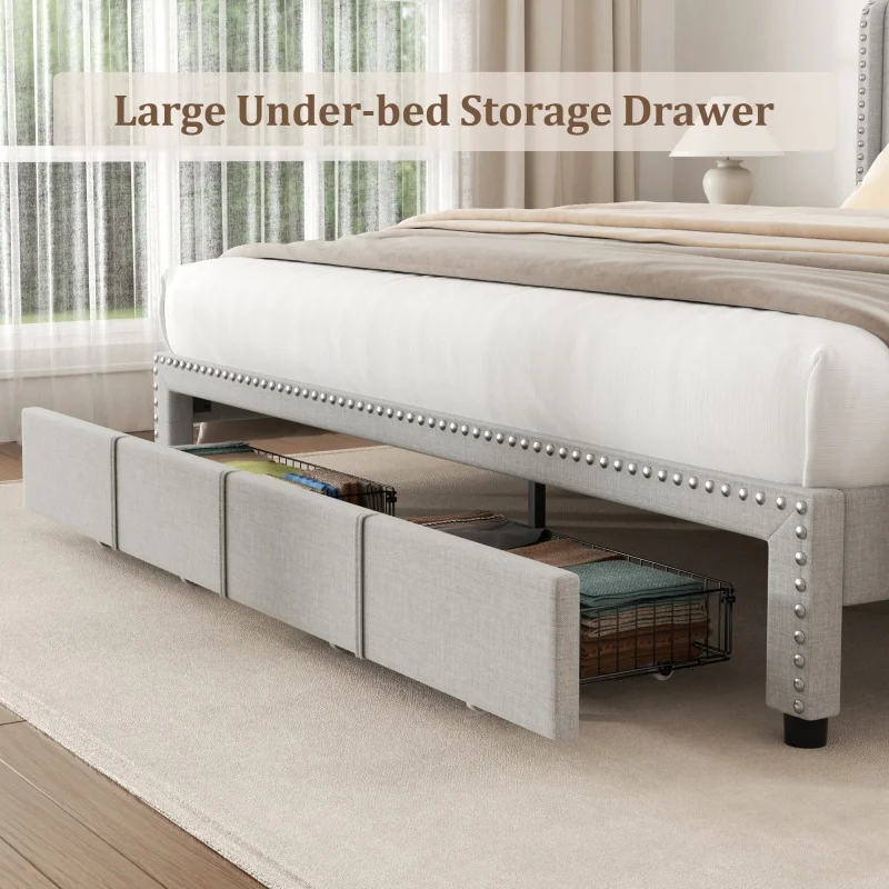 Full Size Adjustable Velvet Upholstered Platform Bed Frame with Tall Headboard Wingback Modern Style