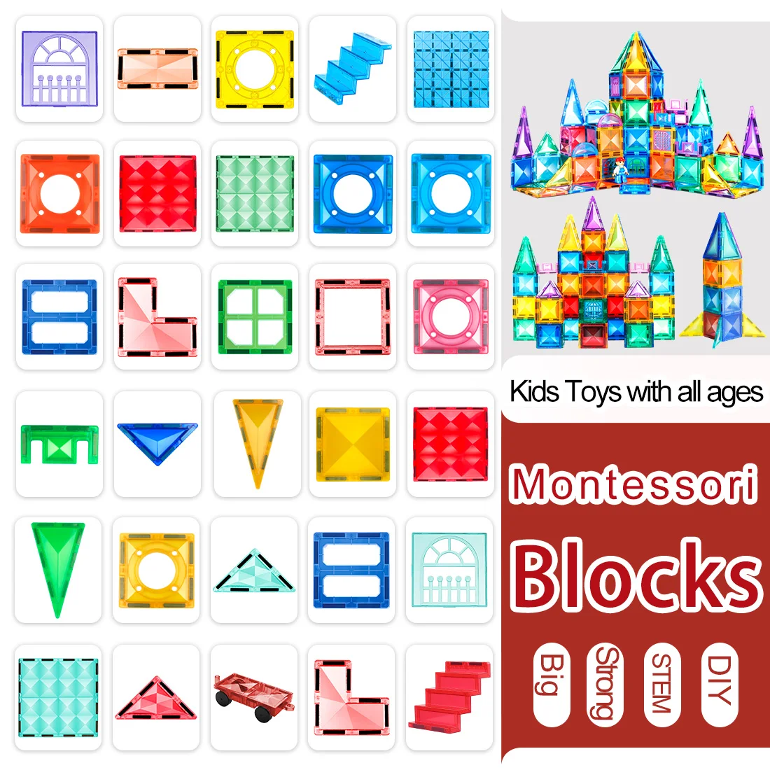 Magnetic Tiles Montessori Toys Stem Learn Education Building Blocks Magnet Construction Stacking Kids Children Girls Puzzle Game