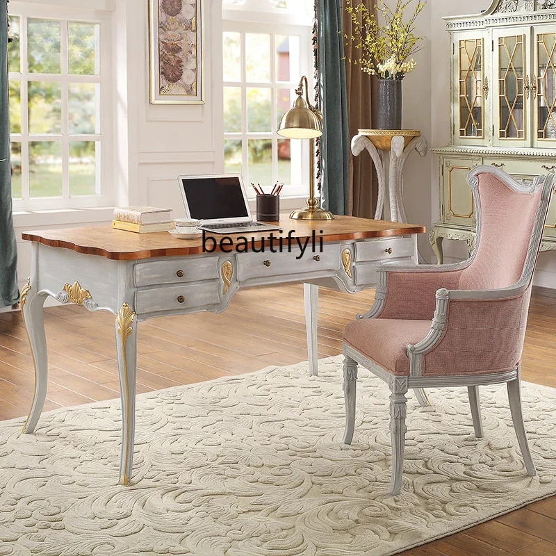 

ss7304 Retro Idyllic French Solid Wood Desk Leisure Chair Solid Wood High-End Study American Furniture