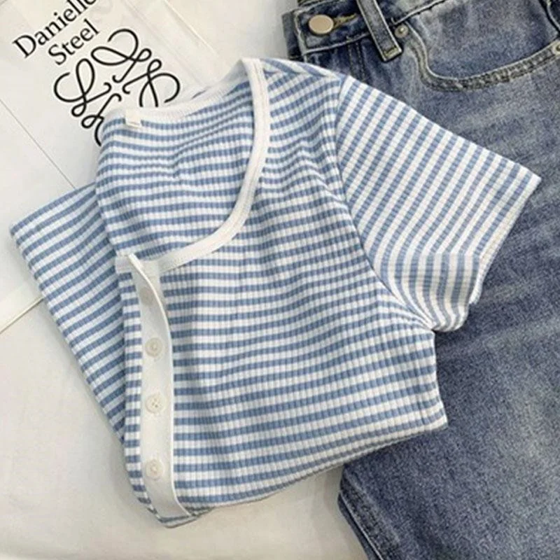 

plus Size 300 Pounds Women's T-Shirt Short Sleeve Korean Style Striped Design Summer Casual Loose Fit Street Fashion Top