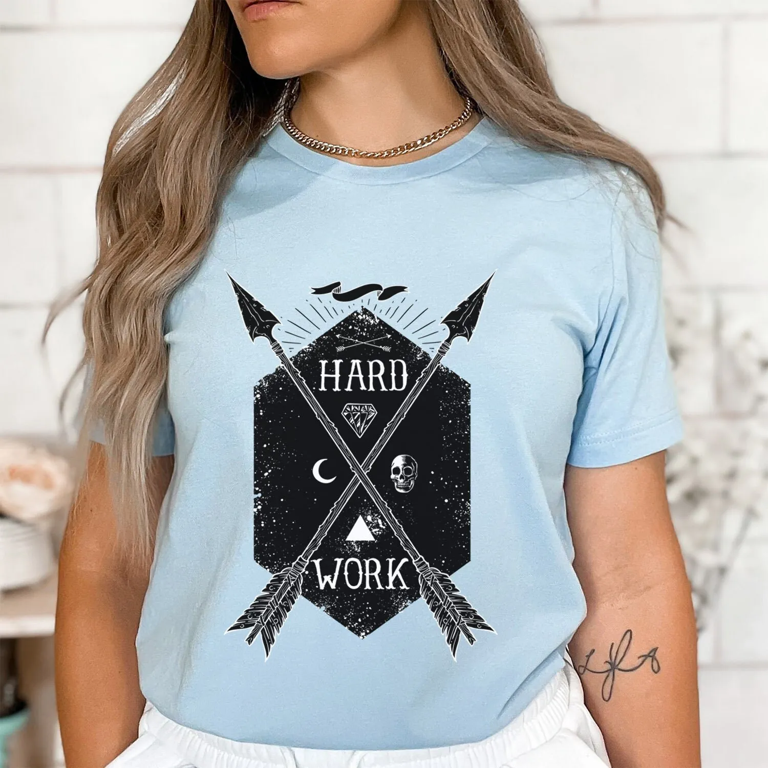 Hard Work T shirt with Arrows Skull Mystery and Horror Fantasy Celestial Moon Cosmic