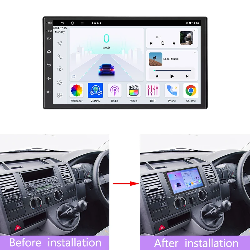 7 ''para vw t5 transporter van uk-spec 2003-2009 rádio do carro 4g sim carplay android 15 auto google mapa gps unidade principal bluetooth