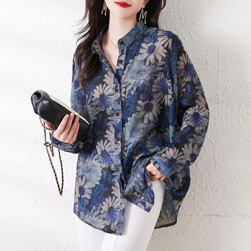 Commute Turn-down Collar Shirt Vintage Floral Printed Women\'s Clothing Loose Single-breasted Spring Autumn Long Sleeve Blouse