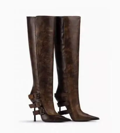 

Autumn Women Brown Black Leather Belt Buckle Stiletto High Heels Knee Length Boots Female Pointed Toe Modern Long Knight Boots