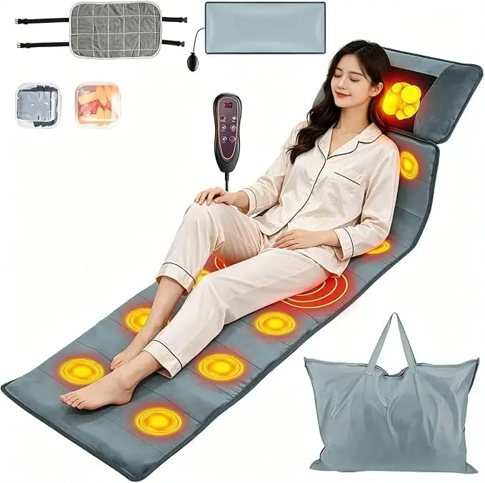 Full Body Massage Mat Heat Vibration Modes Timer Earplugs Pillow Cover Neck Back Relief Anti Slip Bed Sofa Gift