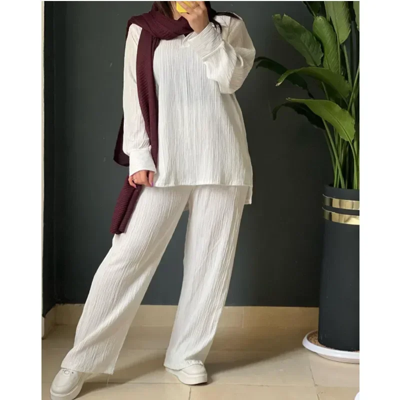 Women Tracksuit Two Pieces Set Long Sleeve Pullover Solid Color Hoodies Pleated Wide Leg Pants Elastic Waist Pockets Casual 2024