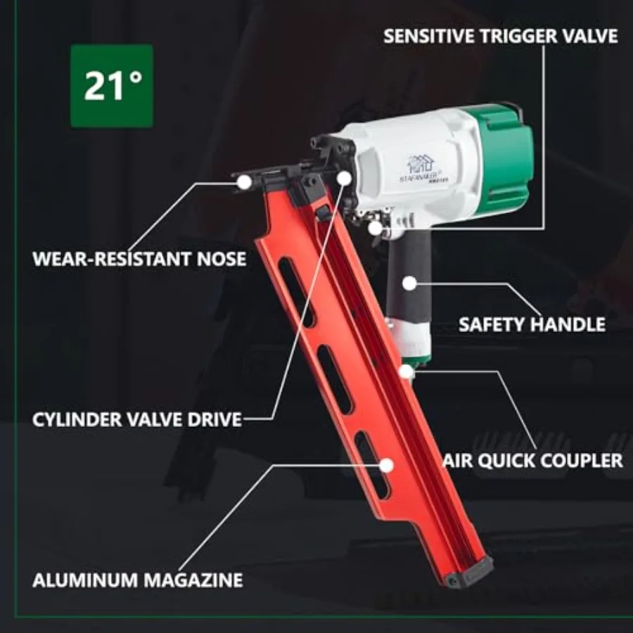 Pneumatyczna gwoździarka do ram NR2183, szybka, w stylu meksykańskim, 21 stopni, aluminiowa, do szybkiego montażu drewnianych domów.