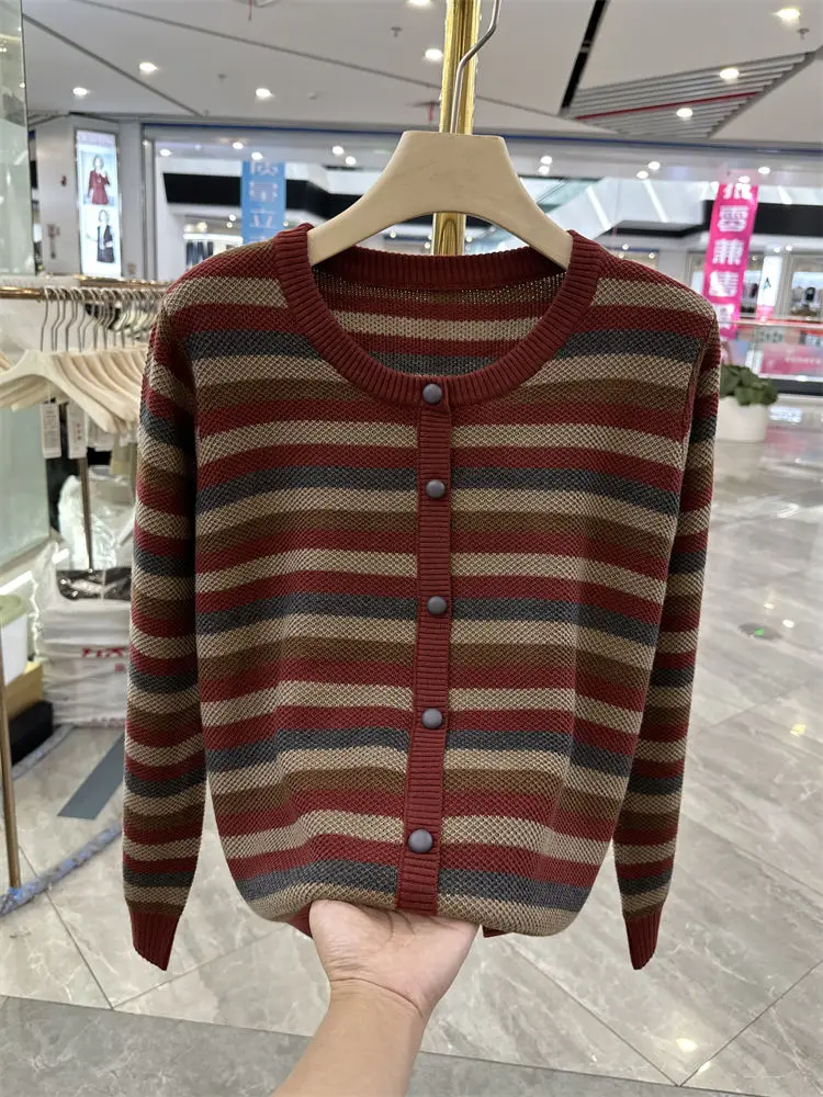 

Вязаный открытый кардиган в полоску в стиле ретро, женская цветная верхняя одежда, осень-зима, новый трикотаж больших размеров, Faion Ladies