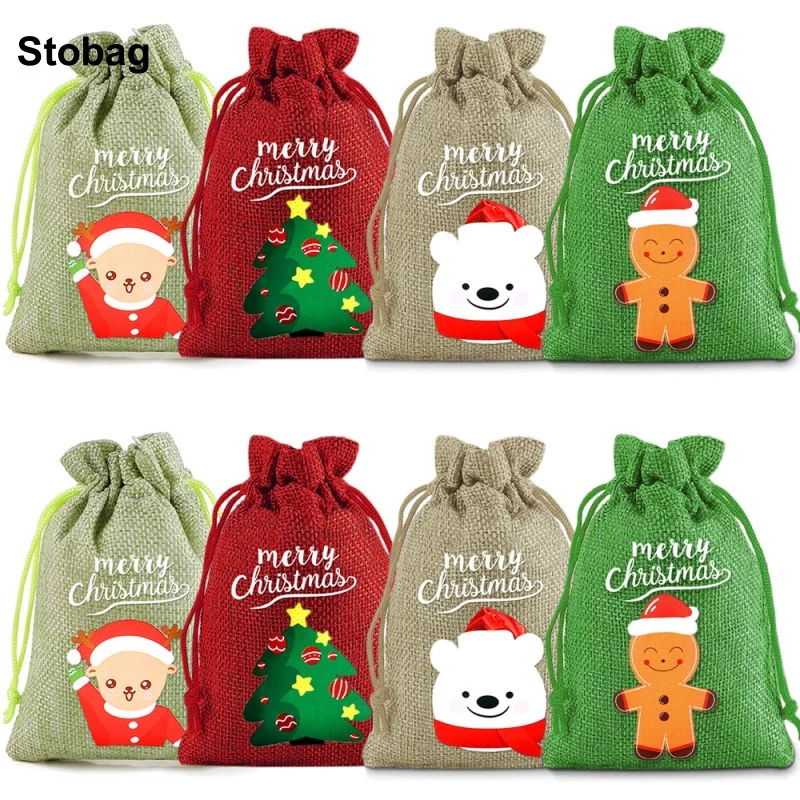 StoBag 5pcs Merry Christmas Linen Drawstring Bags Small Gift Storage Packaging Bundle Pocket Kids Children Pouch Party Favors