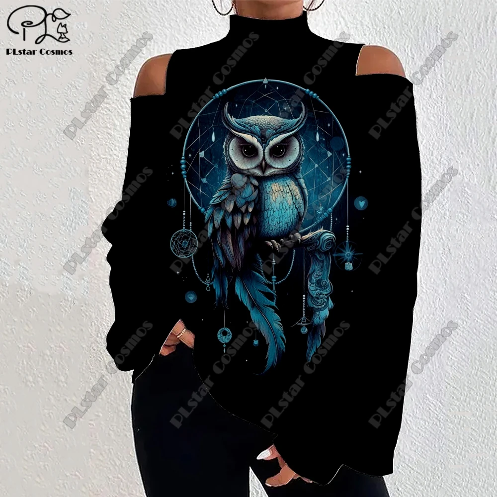 3D Printed Halloween Horror Death Skeleton Crow Owl Pattern Women's Lantern Sleeve Off Shoulder Textured Casual Long Sleeve w-4