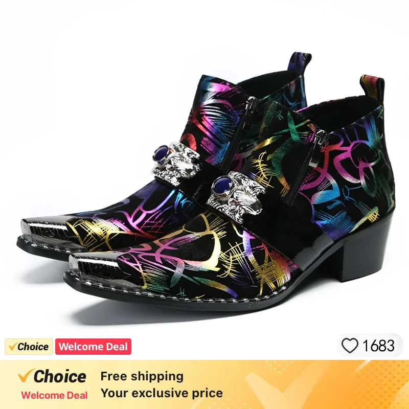 

Graffiti Ankle Boots for Men Pearl Metal Decor High Heels Leather Western Men's Boots Zip Street Style Man Shoes High Quality