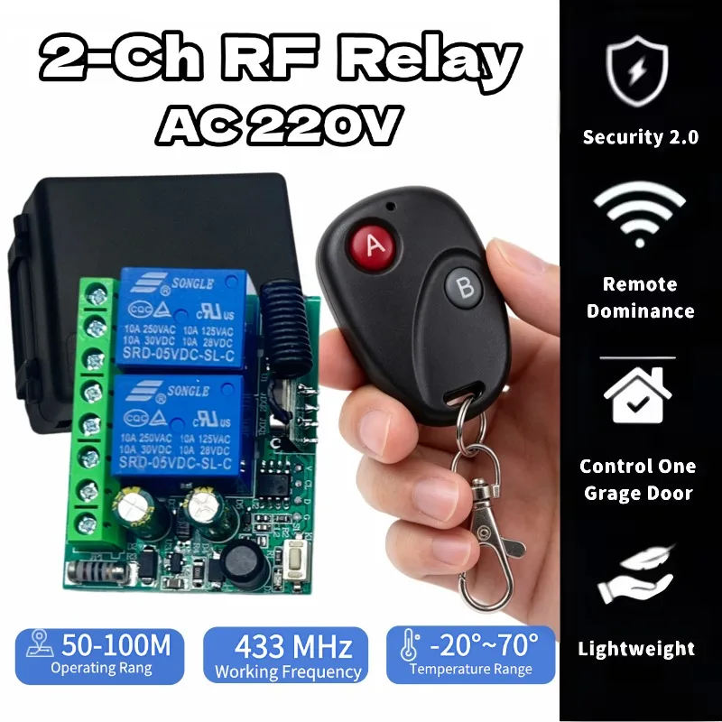 AC 220V RF433 Remote Control Switch Relay 2 Channels Multifunction Receiver Module Garage Curtain Motor Light Control