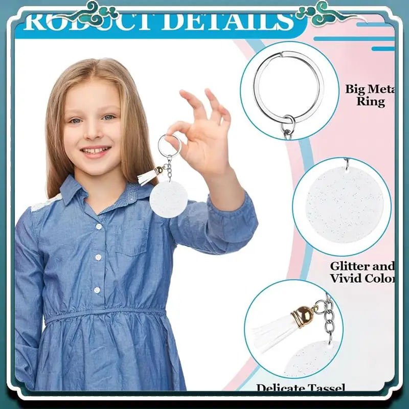 Fácil de usar, 40 piezas, llaveros acrílicos en blanco con borlas y llaveros, acrílico con purpurina redonda de 2 pulgadas para manualidades de llaveros DIY y
