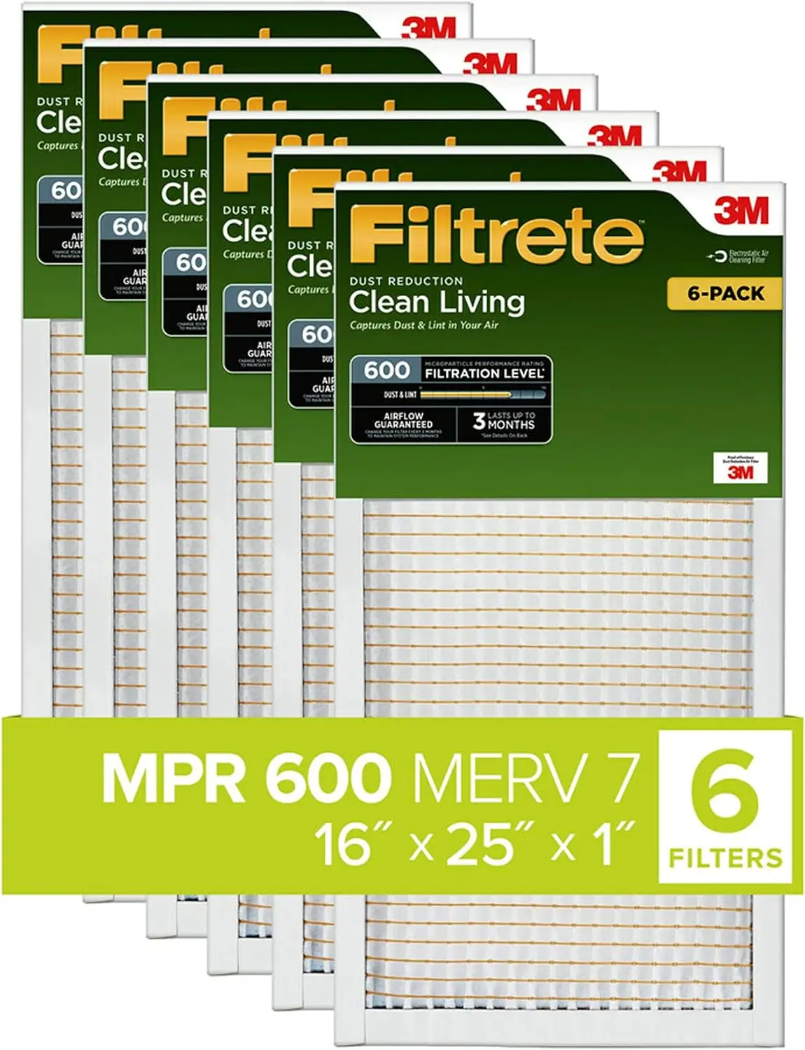 

16x25x1 MERV 7 Pleated Air Filter, 6-Pack, 3-Month Lifespan, Captures Dust & Allergens