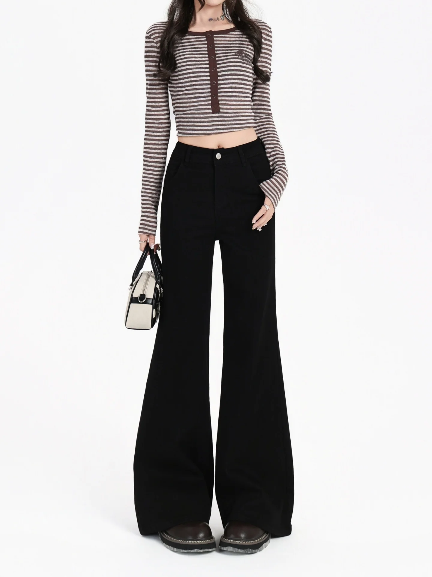 جينز Bla Fce مبطن بأرجل واسعة للنساء لخريف وشتاء مقاس كبير سروال مرن للتخسيس بخصر عالٍ من قماش الدنيم الأمريكي