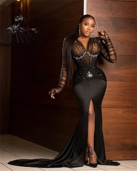 African Aso Ebi Black Satin V Neck Long Prom Dresses 2023 Beaded Evening Gowns High Slit Birthday Party Mermaid Formal Dress Bal