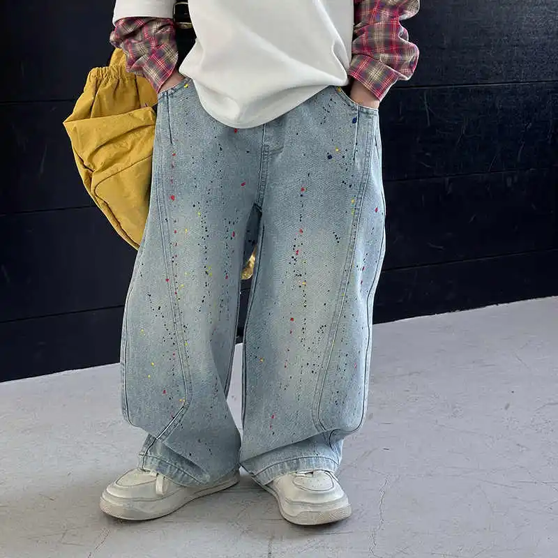

Fashion Boys Jeans Colored Paint Dots Loose Straight Denim Pants Spring Autumn Boys Casual Wide Leg Trousers Streetwear