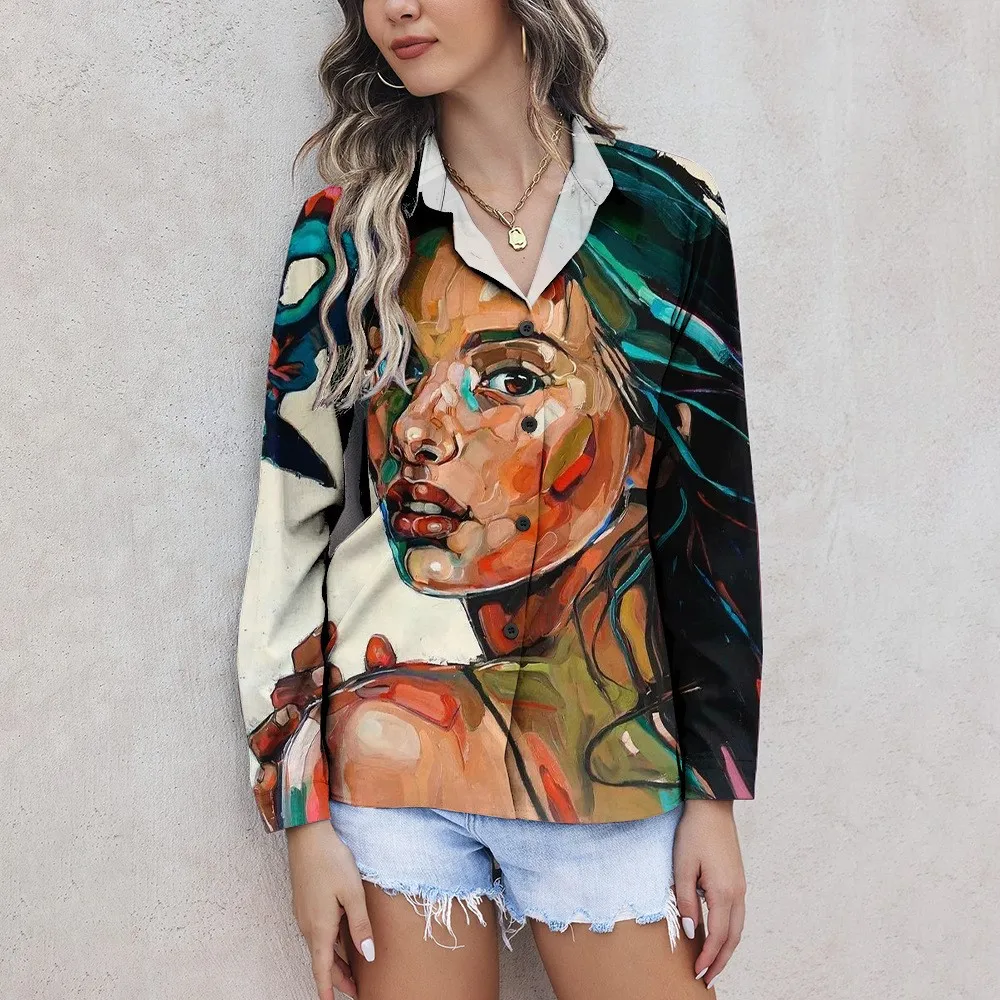 

Retro Facial Abstract Oil Painting 3D Digital Printing Loose Casual Cardigan Shirt Elegant Lapel Long Sleeved Blouses Camicia