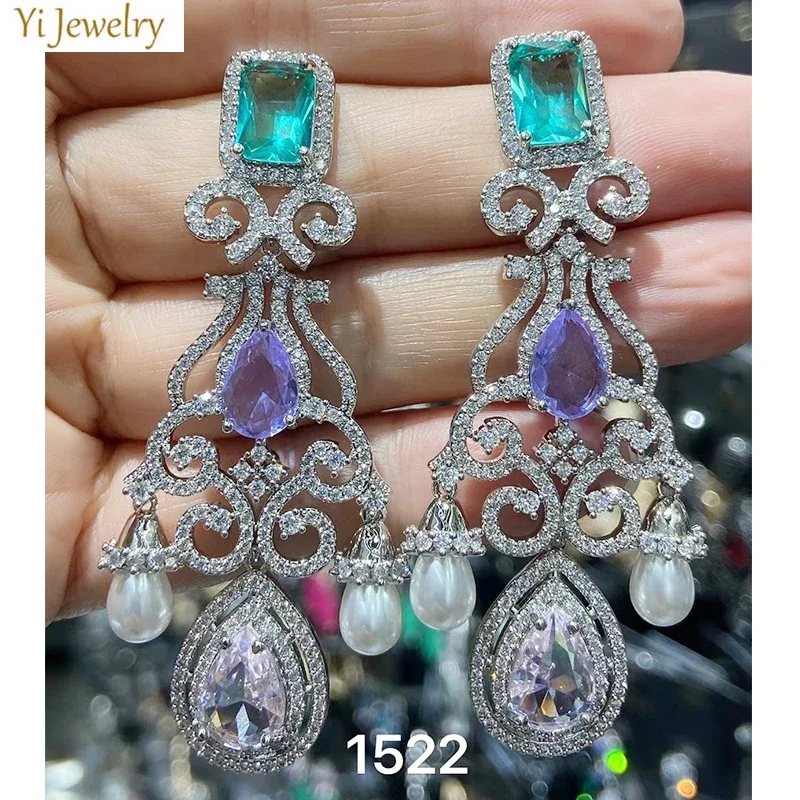 

Elegant Luxury Vintage Long Pendant Earrings Silver Gold Shiny Zirconia Women's Wedding Bridal Dinner Party Jewelry