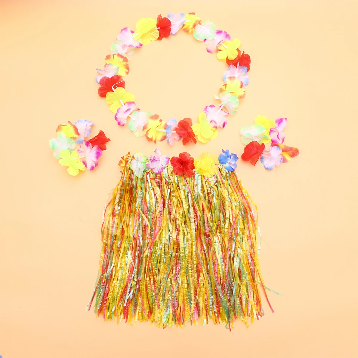 4pcs Hawaiian Kids Grass Skirt Set Luau Party Costume Dance Outfit With Head Garland Bracelets Blue Role Play Accessories