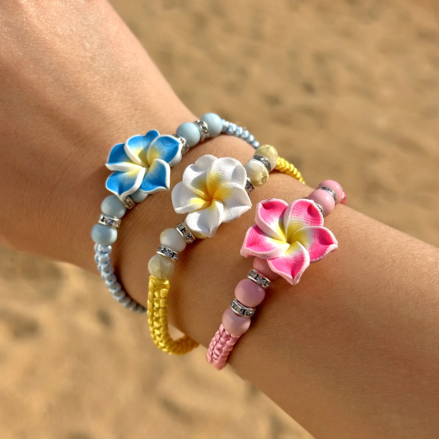 Bohemian Polymer Clay Plumeria Flower Woven Bracelet for Women Colorful Braided Rope Wrist Chain Travel Beach Party Jewelry Gift view 3
