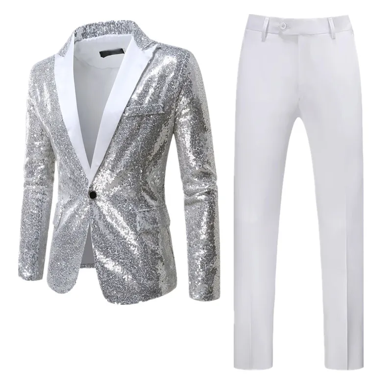 (Blazers + Pants) Fashion Luxury Men Dance Party Sequins Suit 2 Piece White / Silver / Navy Blue Singer Host Stage Dress Set