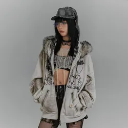 American Vintage Subculture Anime Printed Hoodie Autumn New Harajuku Fox Collar Design Coats Women's Fashion Y2k Loose Clothing