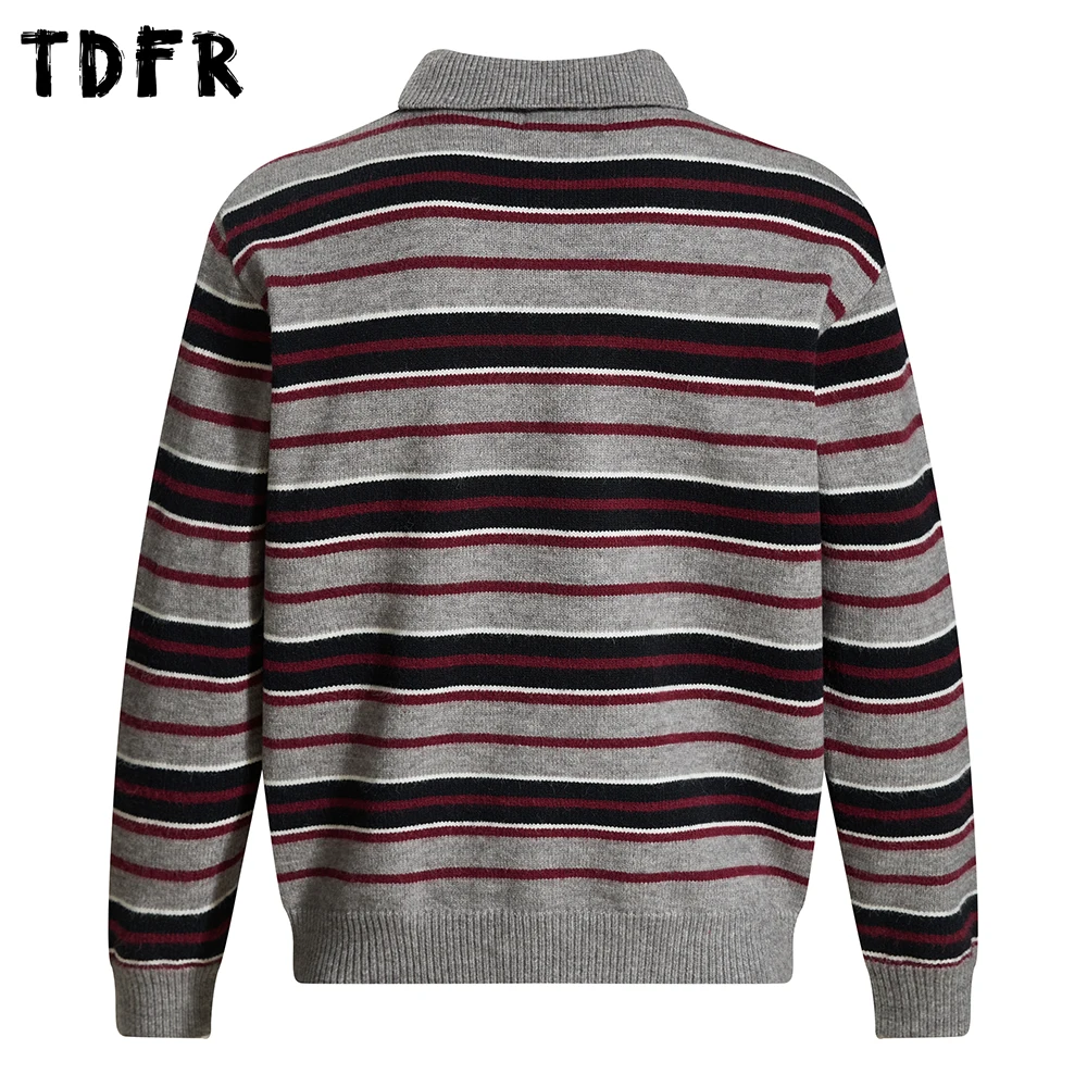 대비 패널 스트라이프 스웨터 남성 레트로 가을 겨울 캐주얼 루즈 긴 소매 옷깃 니트 풀오버 남자