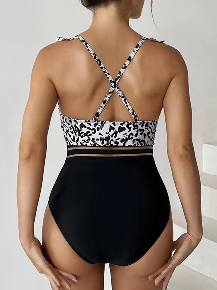 Leopard Ruffle One Piece Swimsuit Women 2024 High Waist Mesh Tape Swimwear Female Beachwear V-neck Bathing Swimming Suit Summer