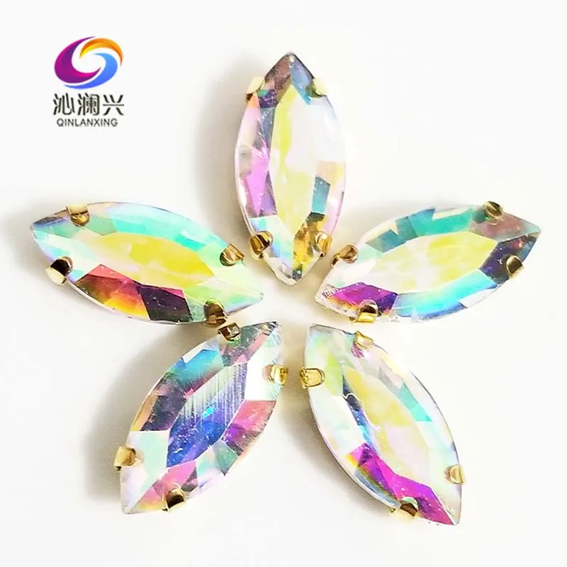 Golden Bottom AB Color Horse Eye Shape Glass Crystal Sew on Claw Rhinestones,Diy Clothing Sewing Accessories SWMG02