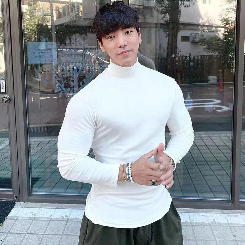 Knitted Turtleneck Long Sleeve Men Warm T Shirts Fashion Harajuku Black White Gray Slim Bodycon Fall Winter Trend Gym Sportswear
