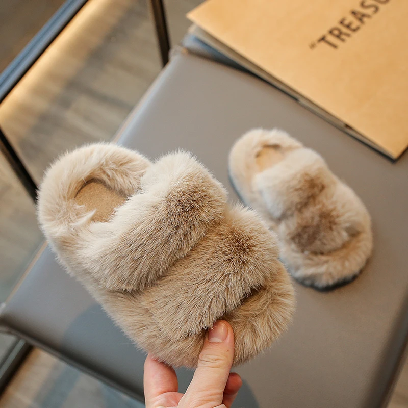 New Children Plush Shoes for Girls Korean Style Thick Sole Parent-child Plush Slippers Korean Style Versatile Cute Princess Flat