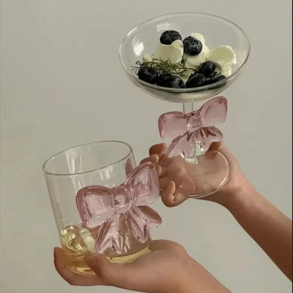 Copa de cristal con lazo rosa, gafas con mango de lazo, resistente al calor, postre de alto borosilicato, cuenco para helado, re