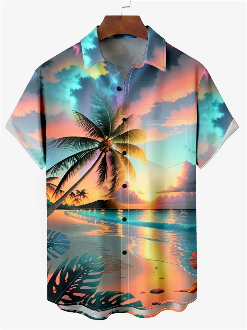 

2026 Fashion Hawaiian Coconut Trees 3D Print Turndown Collar Shirt casual Short Sleeve Shirt Summer loose Shirts For Boys