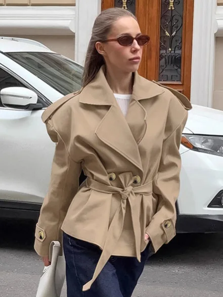 

Модное женское пальто цвета хаки с поясом, осенний дизайн, модная повседневная ветровка средней длины со шнуровкой на талии