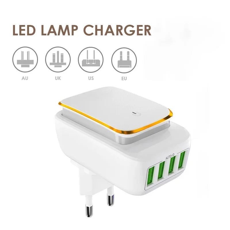 4USB Ports PD 20W Wall Charger With Intelligent LED Touch Night Light Adapter Fast Charging EU AU UK Plug For Travel Home Office