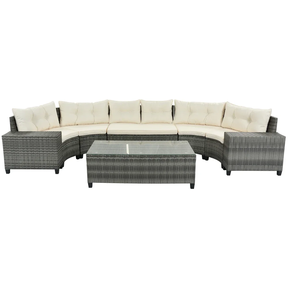 Outdoor half moon willow combination all-weather sofa set with rectangular coffee table, movable cushion,  Beige