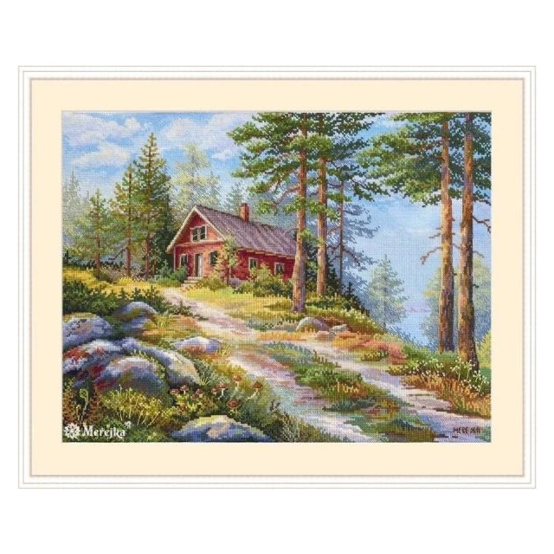 Amishop Counted Cross Stitch Kit, Red Cabin in the Woods, Forest Path, Embroidery, Needlework, Merejka K-254