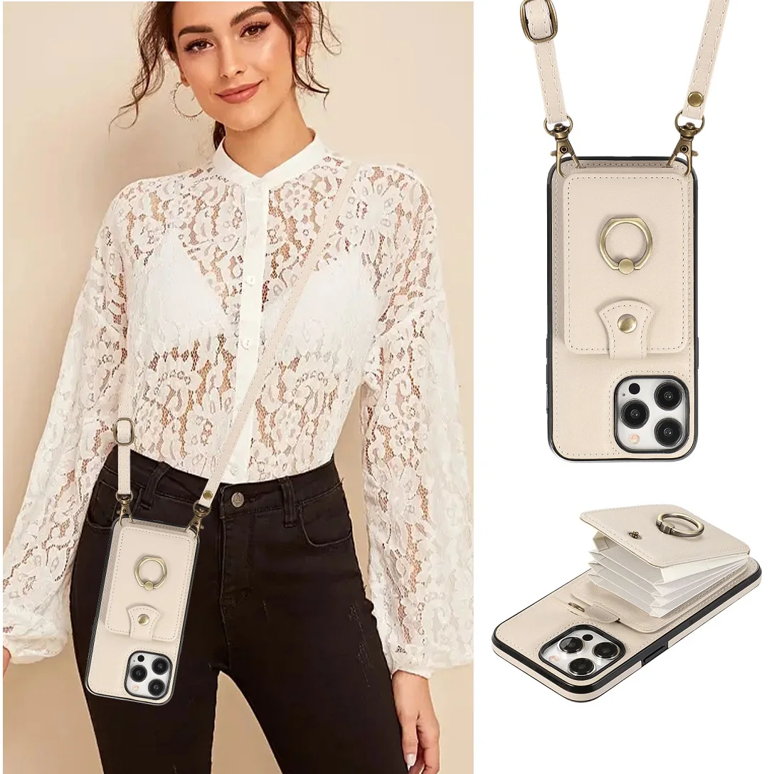 

Crossbody Strap Leather Card Holder Wallet Case For iPhone 12 13 14 15 16 17 Pro Max Plus Purse Phone Bag Cover With Ring Stand