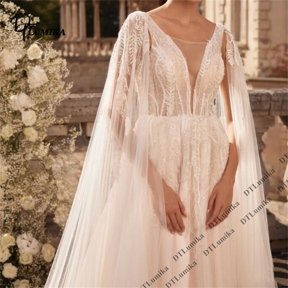 DTLumika Women's Customized Tulle Wedding Dress with Detachable Cape, Elegant V Neck A Line Bride Dress with High Slit