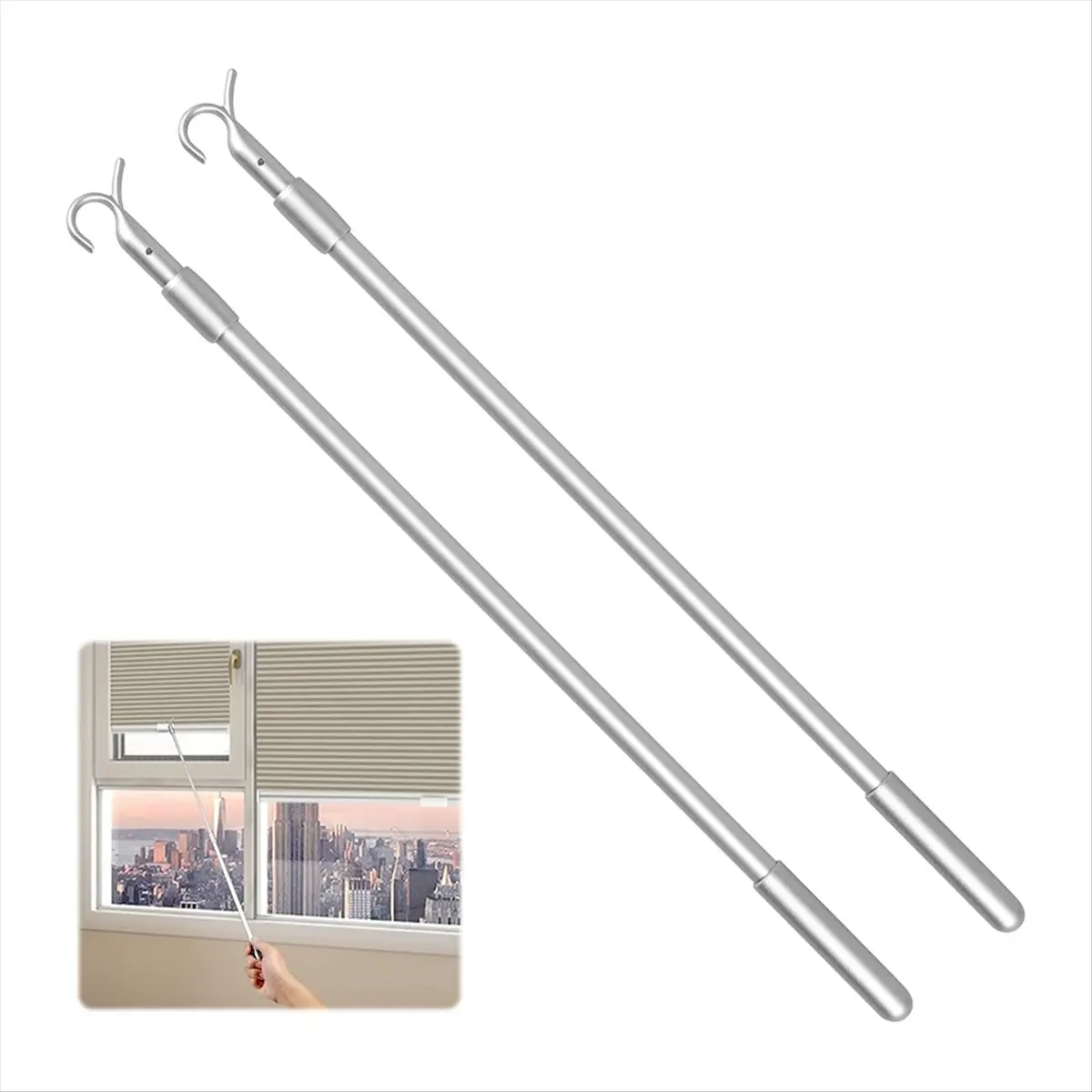 *ESTR Easy Pull Telescopic Draw Blind Tilt Wand, 13-24in Length Adjustable Blinds Rod, Down & Up Clothes Hanger Hook Pole 2pcs