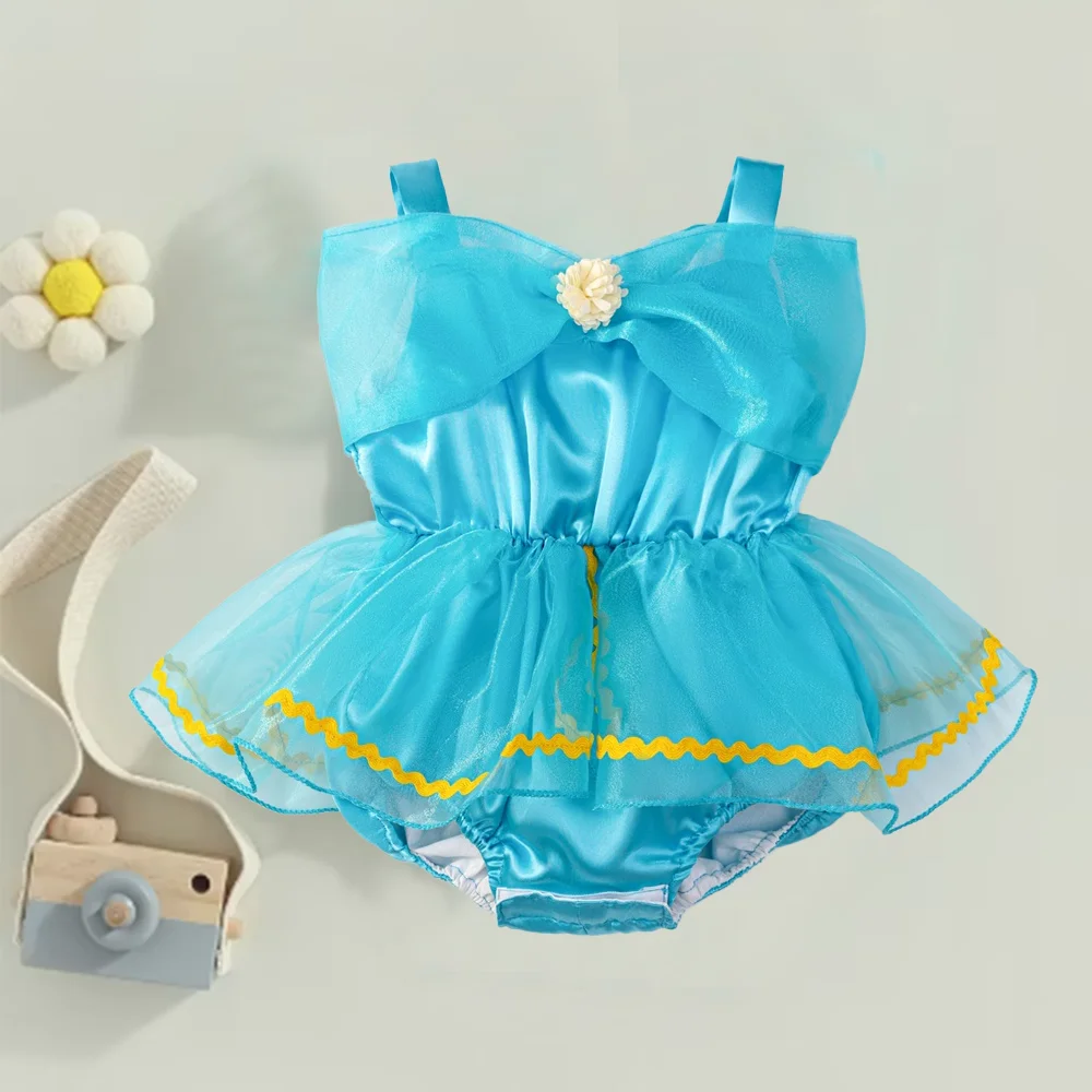 Infant Blue Climber Aladdin Tutu Dress Baby Lace One-shoulder Fluffy Dresses Summer Princess Gown Toddler 1st Crawl Clothes Wear