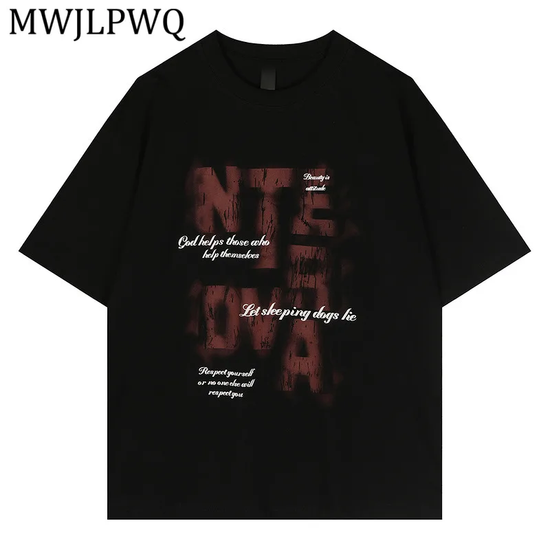 MWJLPWQ Heavyweight Graffiti Letter Print Black Trendy Retro Shirt Male American-Style Short-Sleeve Loose-Fit Unisex Tops 16549