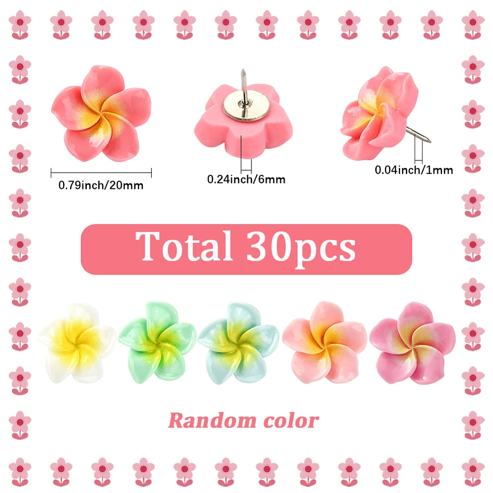 1 Box 30Pcs Flower Push Pins Decorative Thumb Tacks Frangipani Plumeria Pushpins Resin Pushpins for Photo Feature Wall Map