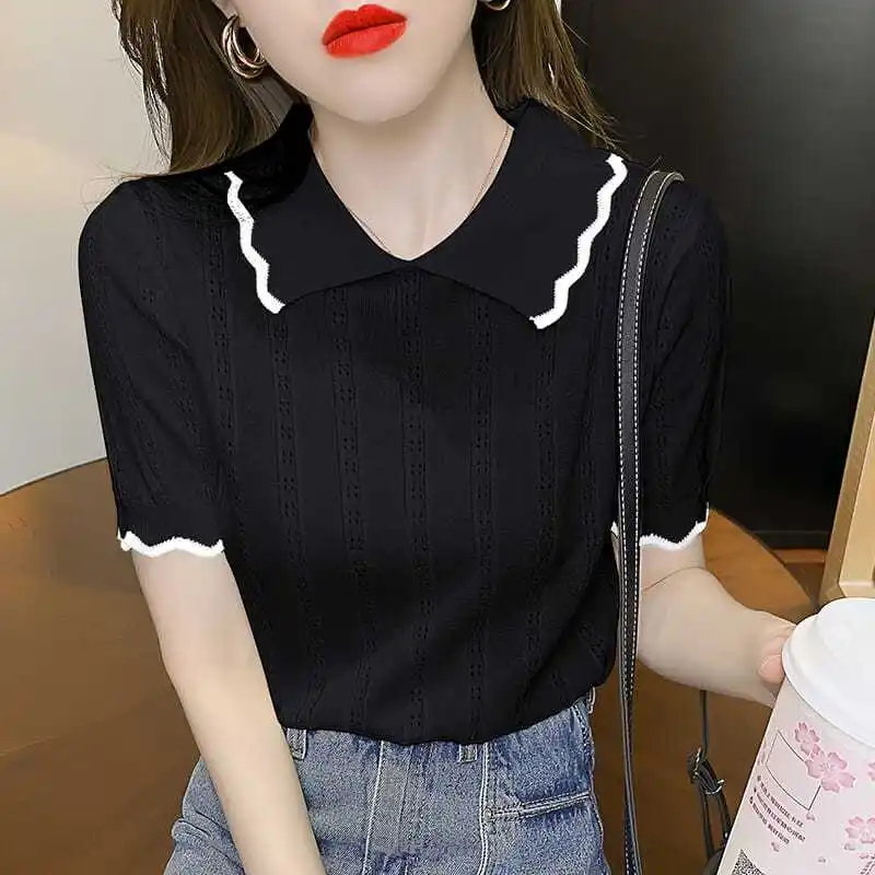 Pullover New Products Woman Embroidery Top Elegant Knitted Yellow T Shirt Synthetic Polo Neck Tee Shirts Womens Polyester White