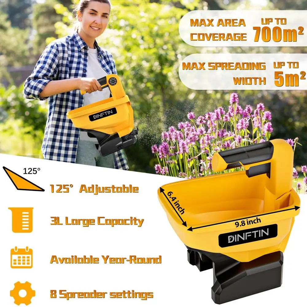 آلة بذارة محمولة تعمل بالبطارية ديوالت 20 فولت/60 فولت بطارية ليثيوم أيون متوافقة مع بذور العشب المستديرة لمدة عام وملح الصخور