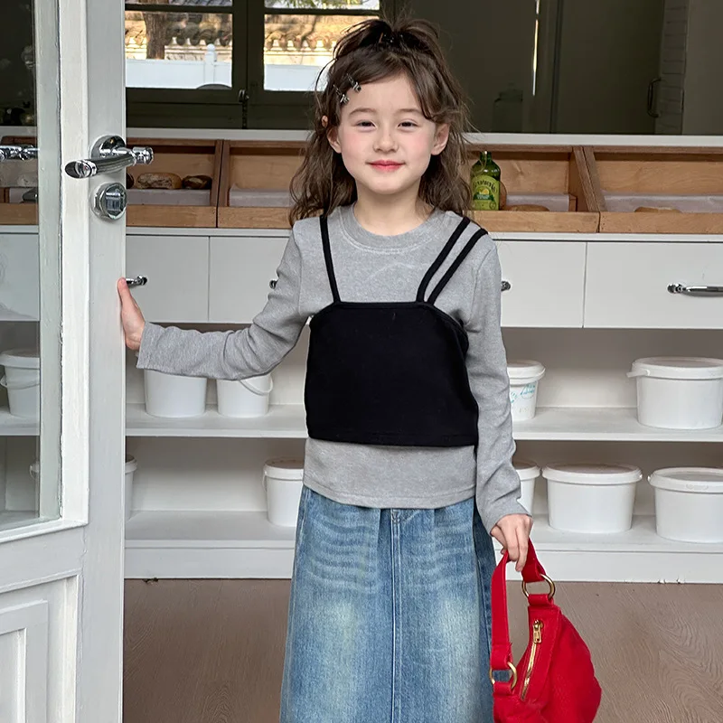 Autumn Girls' Top: Black Vest with Ash Grey Long Sleeve Slim-Fit Layered T-Shirt Pullover Tee Edgy Contrast Baddie Fashion 2-13Y