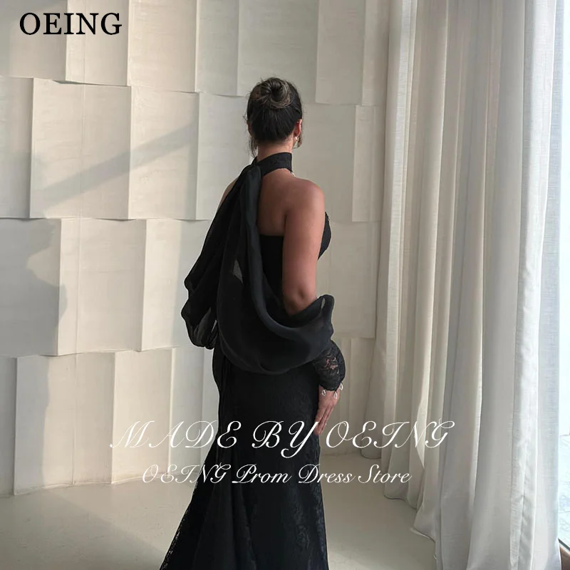 OEING elegante vestido de fiesta negro de sirena de encaje sin tirantes sin mangas vestidos de fiesta hasta el suelo vestido de noche personalizado