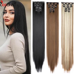 Extensiones de Cabello Extra largas y rectas para mujer y niña, cabello sintético de cabeza completa, 16 Clips, color rubio y marrón, 30 pulgadas, 6 unidades por juego